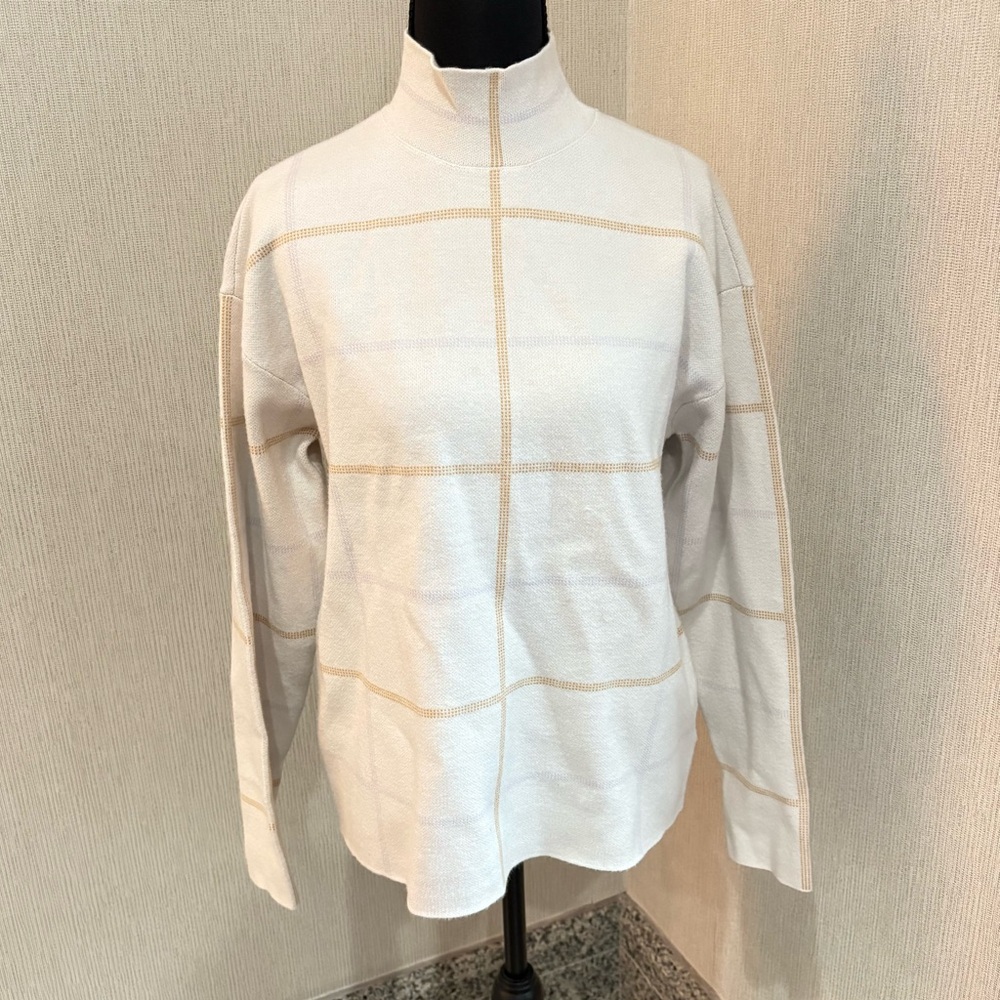 Anthropologie Cream Brown Plaid Long Sleeve Mock Neck Sweater Small